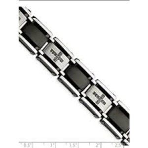 Men's stainless steel black link and diamond cross bracelet